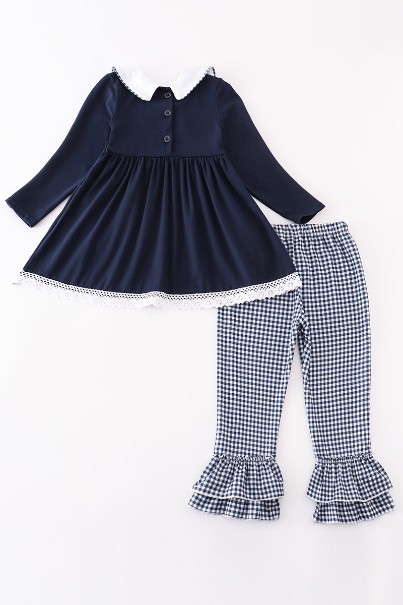 Navy nativity embroidery gingham girl set