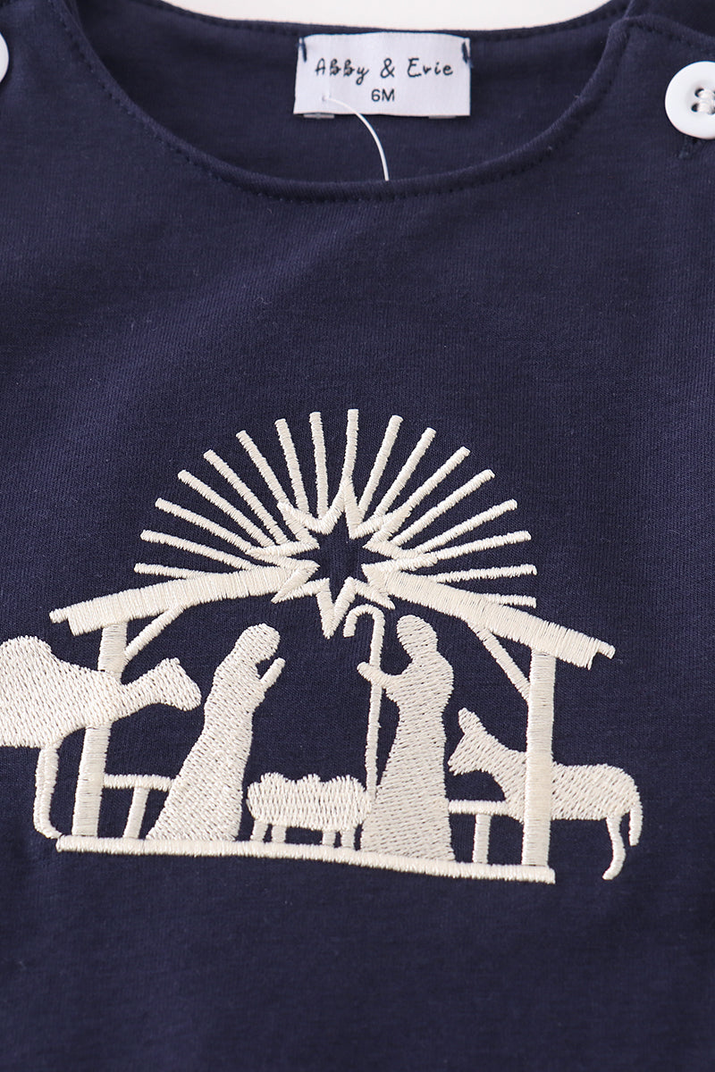 Navy nativity embroidery gingham boy set