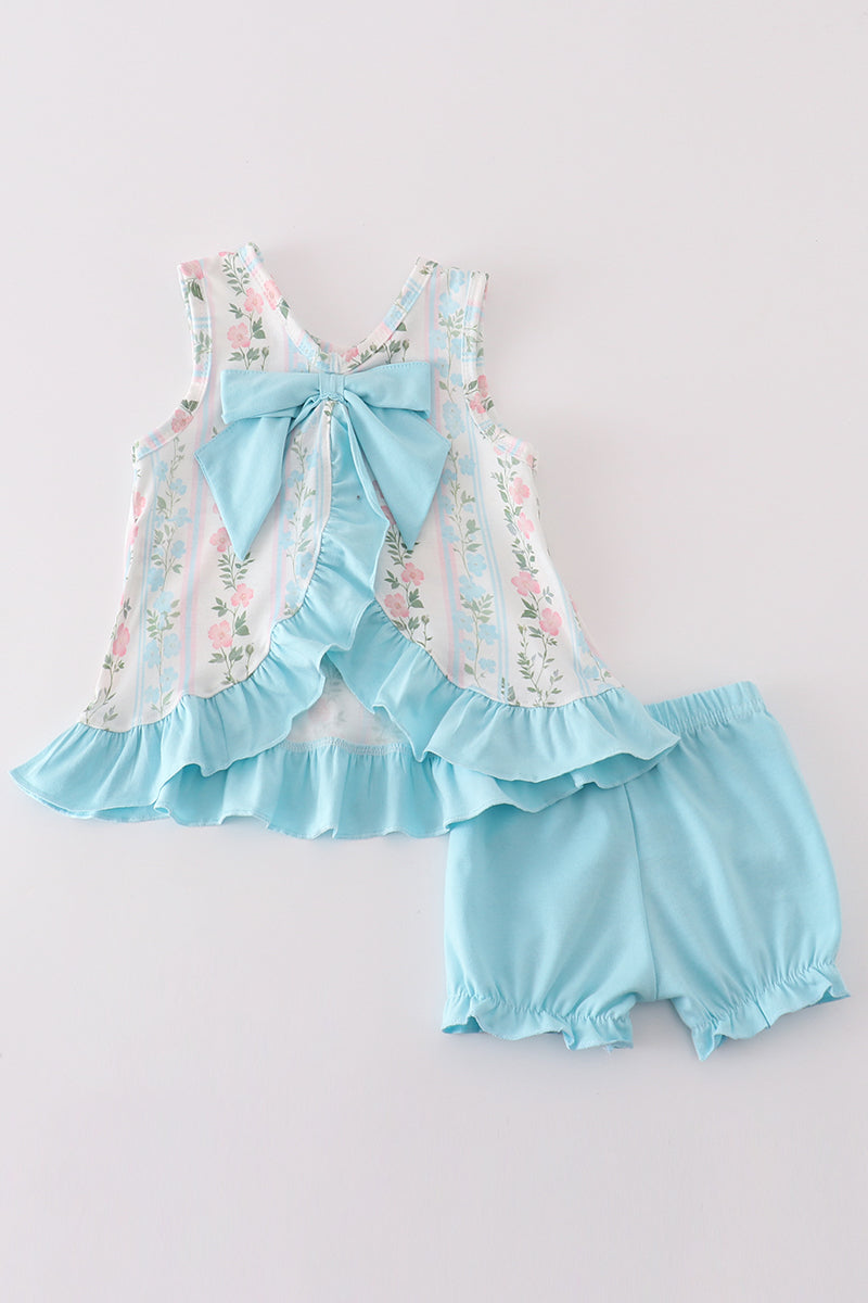 Blue floral print ruffle girl bloomer set