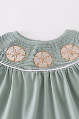 Sage sand dollar embroidery smocked girl dress