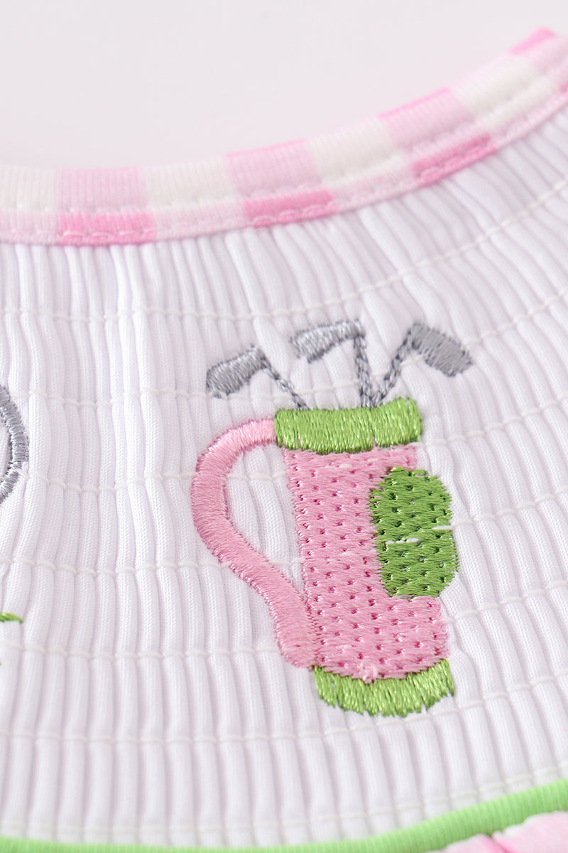 Pink golf embroidery gingham girl set