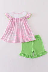 Pink golf embroidery gingham girl set