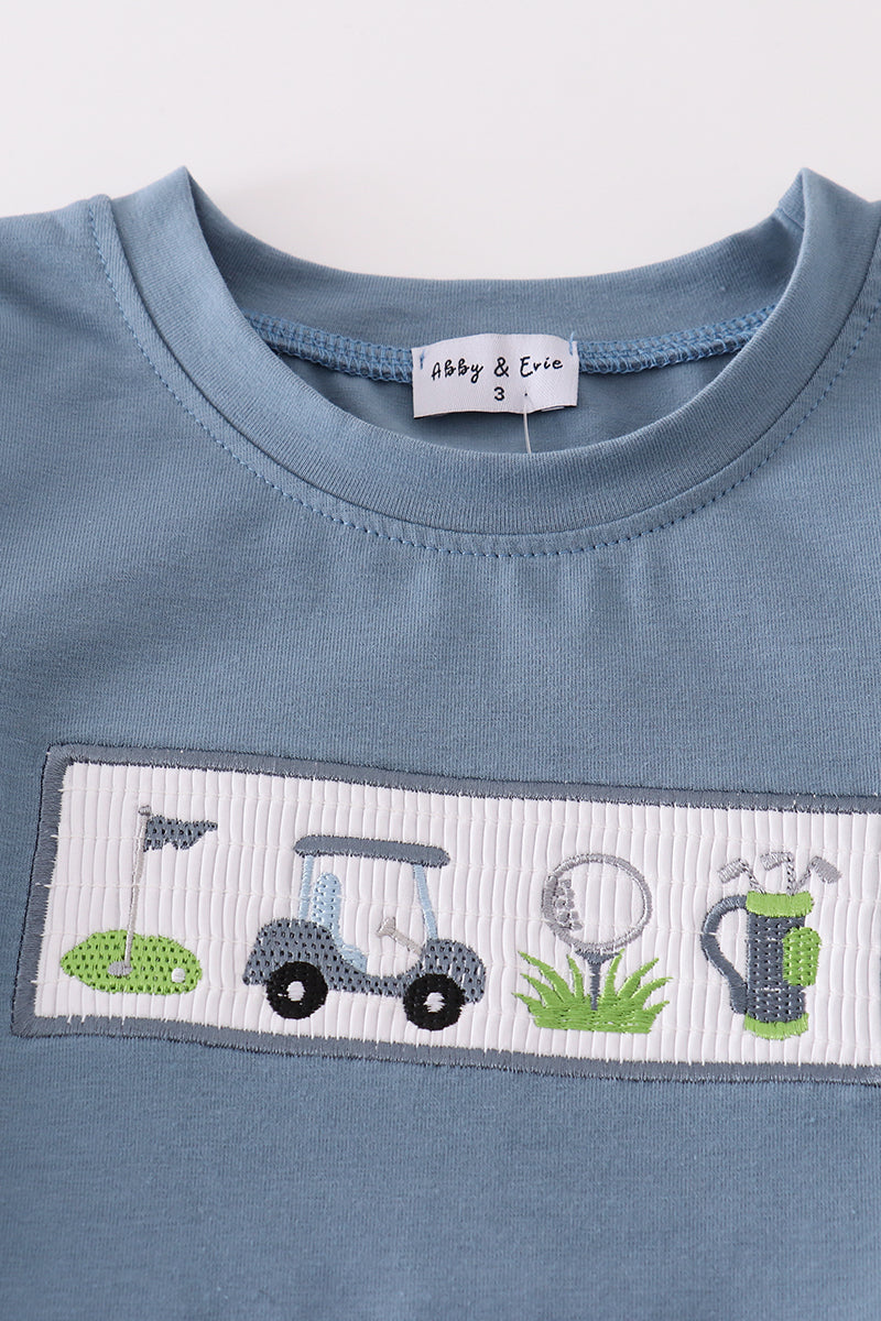 Blue golf embroidery smocked boy set