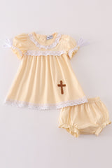 Beige easter cross french knot girl bloomer set