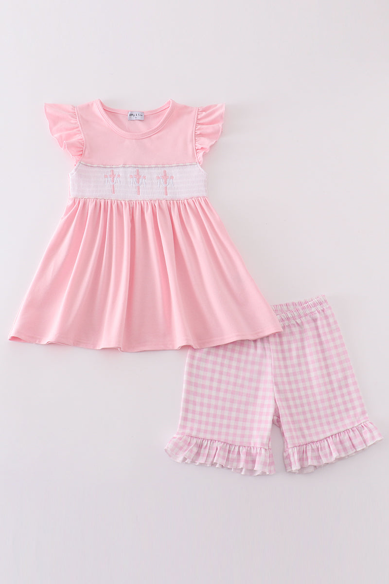 Pink easter cross embroidery smocked girl set