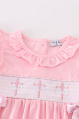 Pink easter cross embroidery smocked girl dress