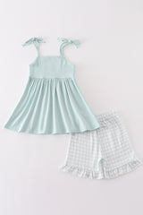 Blue checkered strap girl set