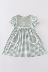 Sage easter he is risen cross embroidery girl dress