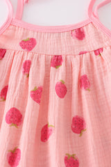 Pink strawberry print muslin girl dress