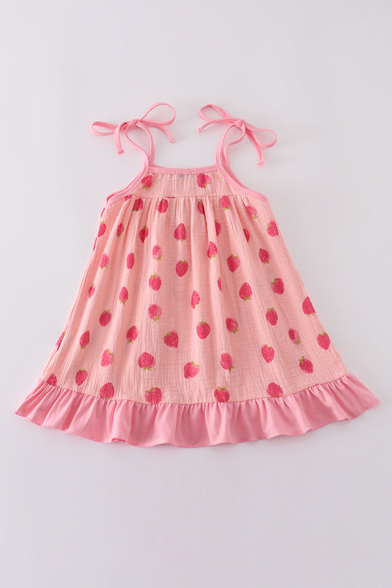 Pink strawberry print muslin girl dress