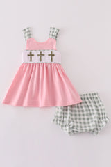 Pink easter cross french knot girl bloomer set