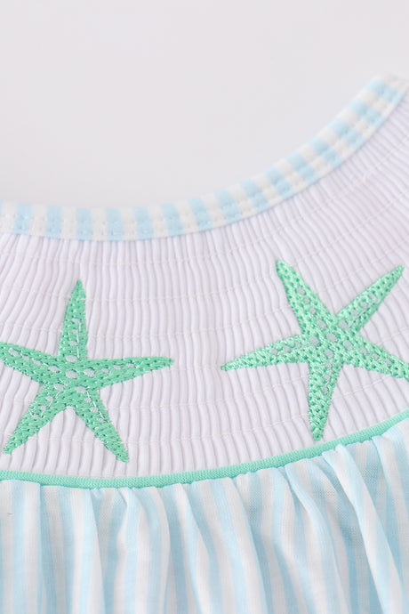 Blue stripe starfish embroidery smocked girl set