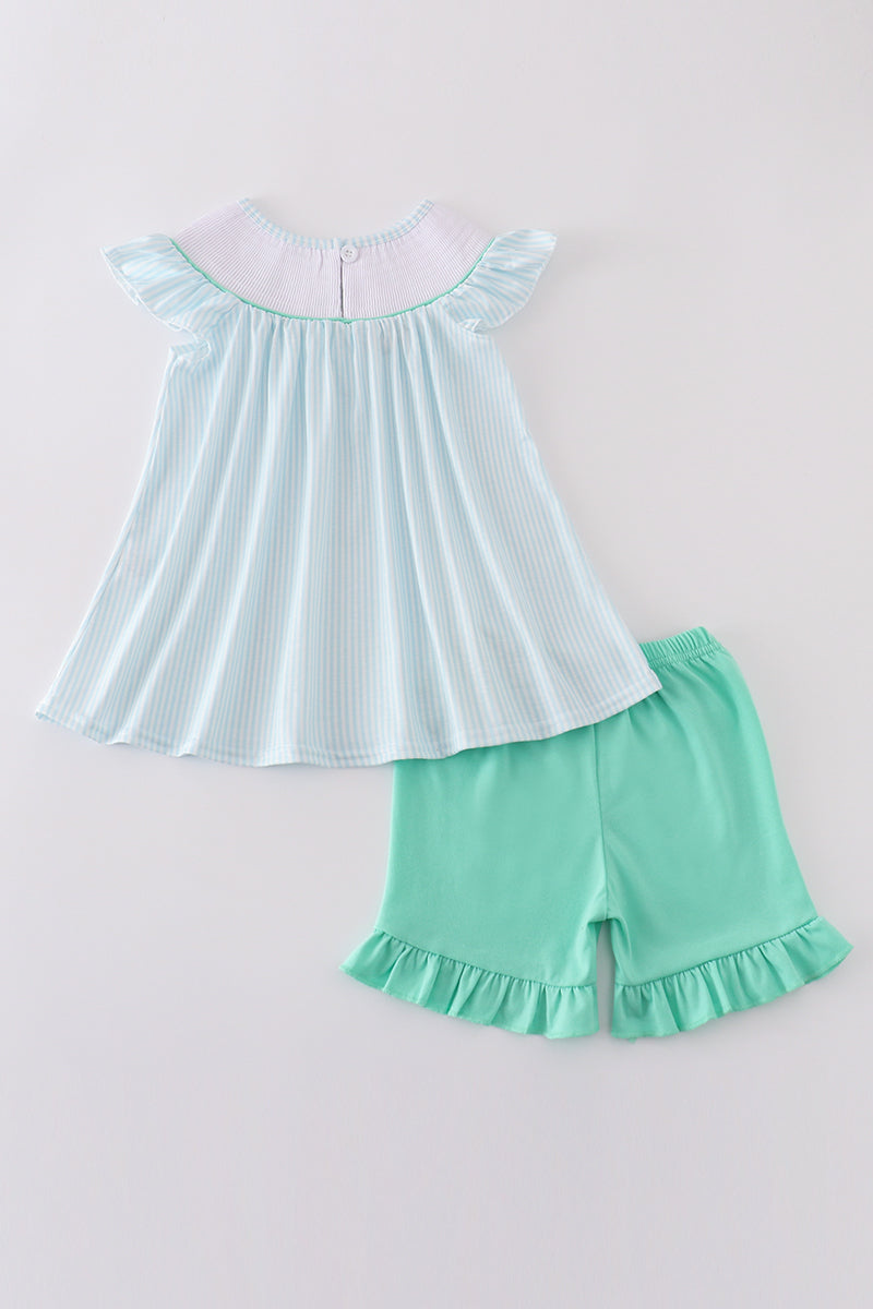 Blue stripe starfish embroidery smocked girl set