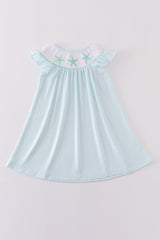 Blue stripe starfish embroidery smocked dress