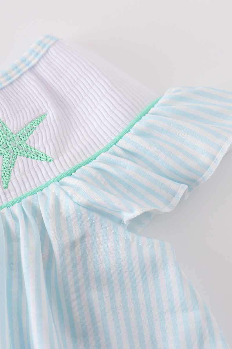 Blue stripe starfish embroidery smocked dress