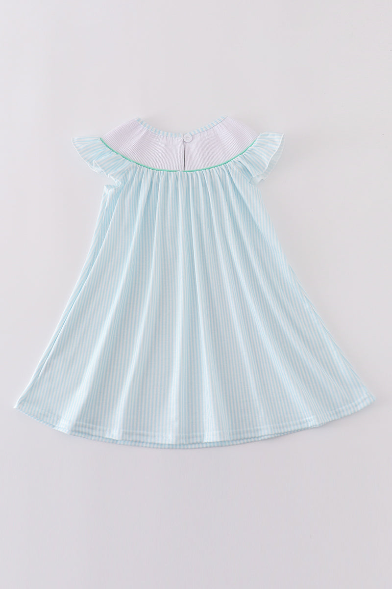 Blue stripe starfish embroidery smocked dress