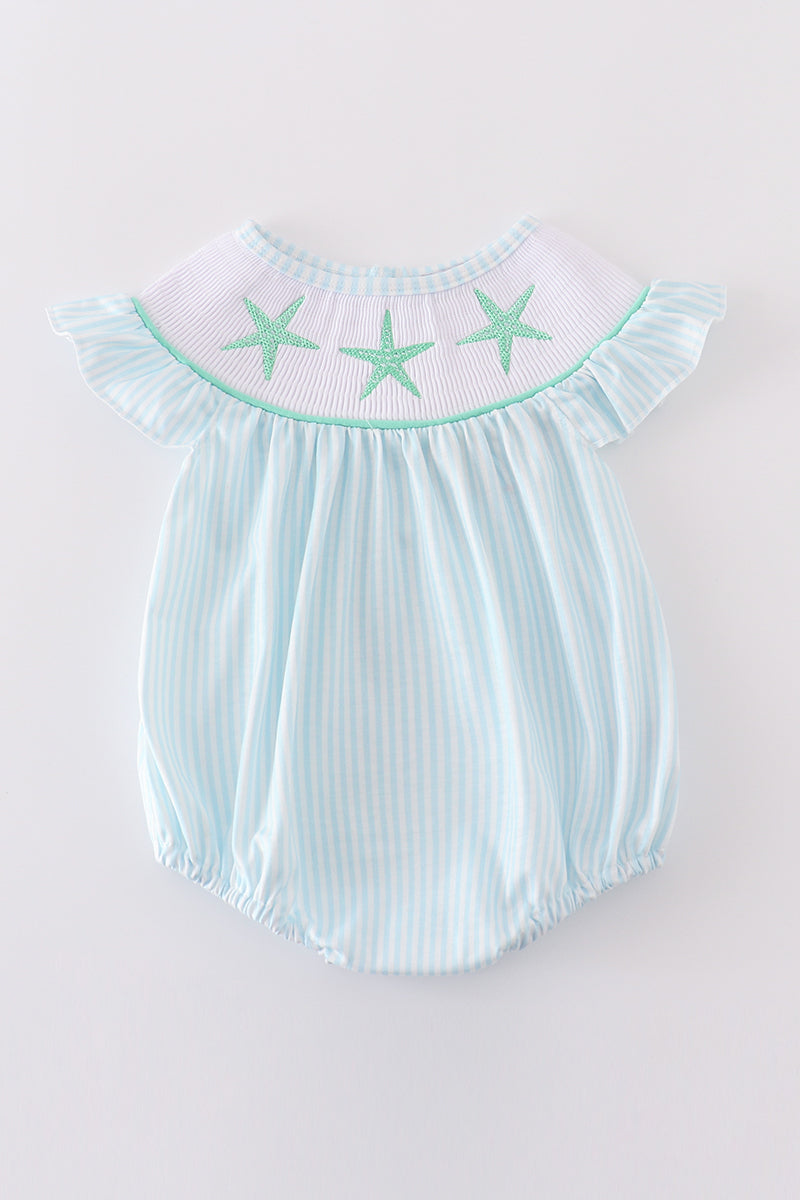 Blue stripe starfish embroidery smocked girl bubble