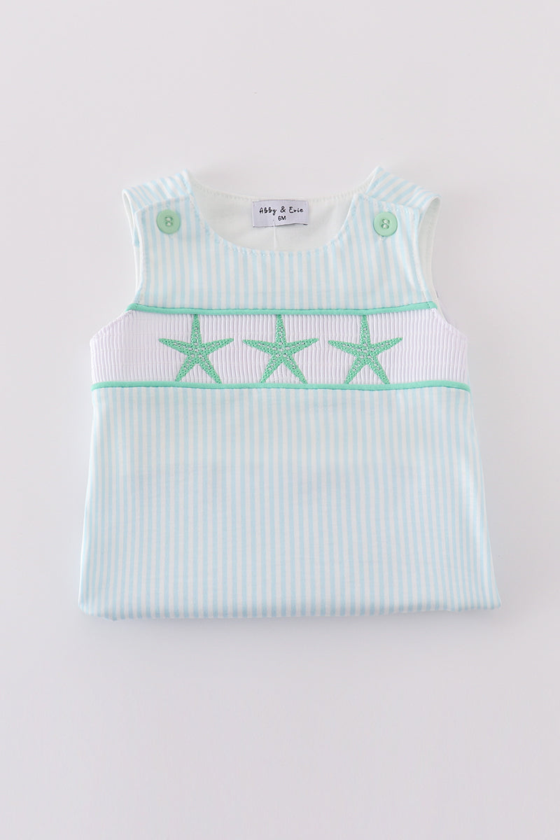 Blue stripe starfish embroidery smokced boy bubble