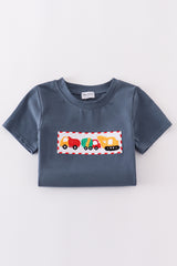 Navy truck french knot boy set