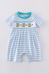 Blue stripe helicopter embroidery smocked boy romper