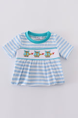 Blue stripe helicopter embroidery smocked boy romper