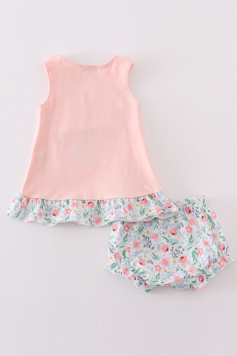 Pink floral bunny applique girl bloomer set