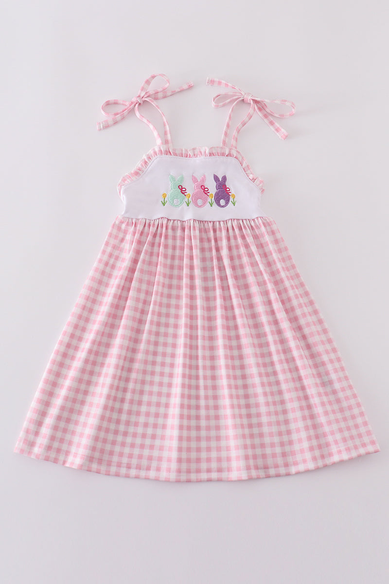 Pink bunny embroidery gingham dress