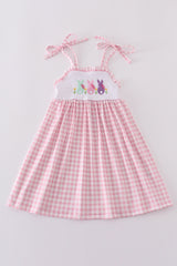 Pink bunny embroidery gingham dress