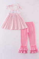 Pink bunny embroidery gingham set