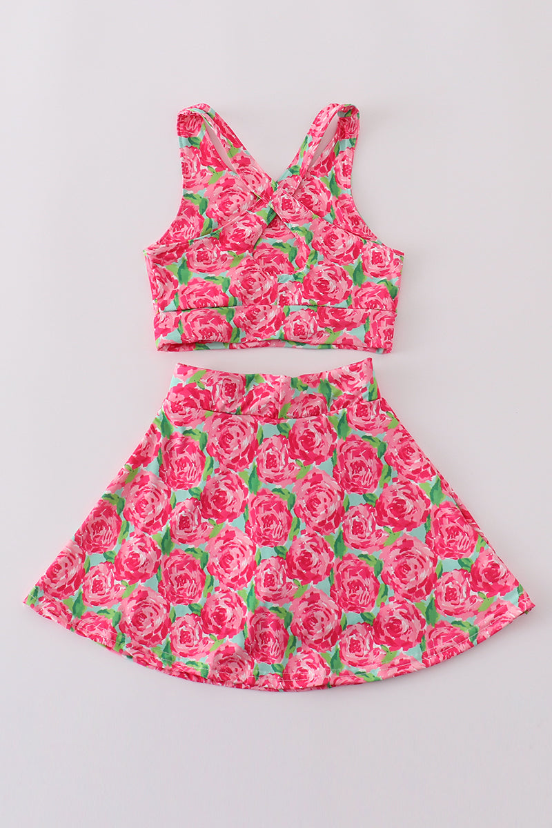 Pink rose print tennis skort set