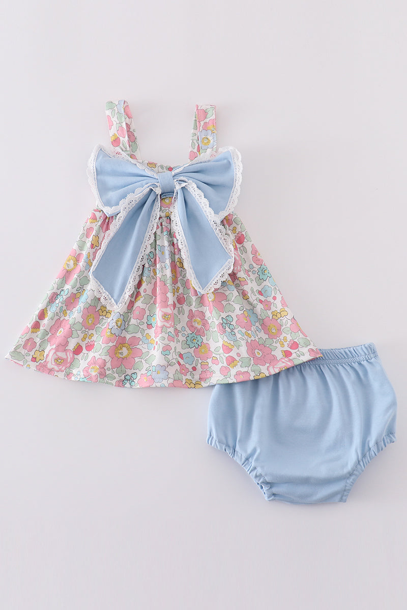 Blue floral print bow bloomer set