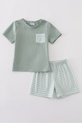 Green boy gingham shorts set