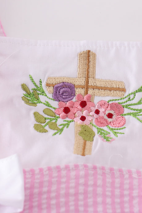 Pink seersucker cross floral embroidery bubble