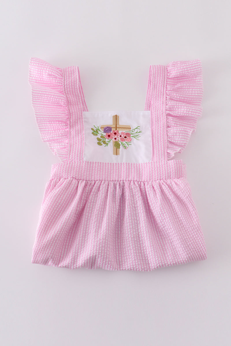 Pink seersucker cross floral embroidery dress