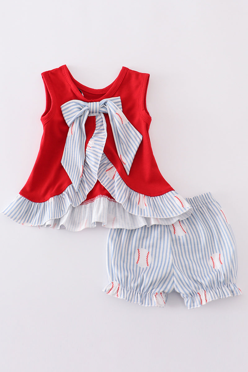 Red stripe bow baseball bloomer set