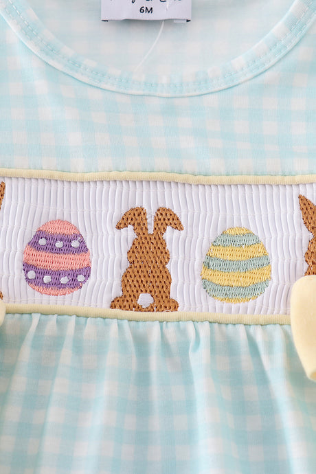 Blue bunny embroidery smocked bubble