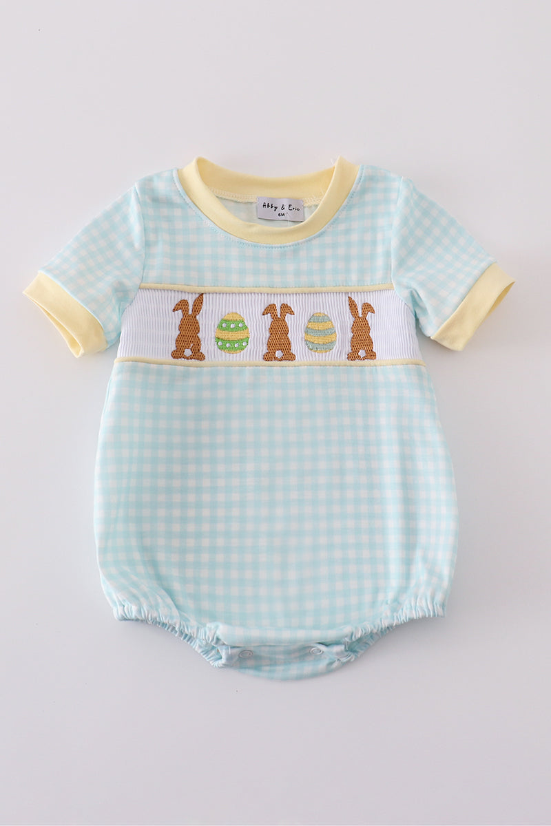 Blue bunny embroidery smocked bubble