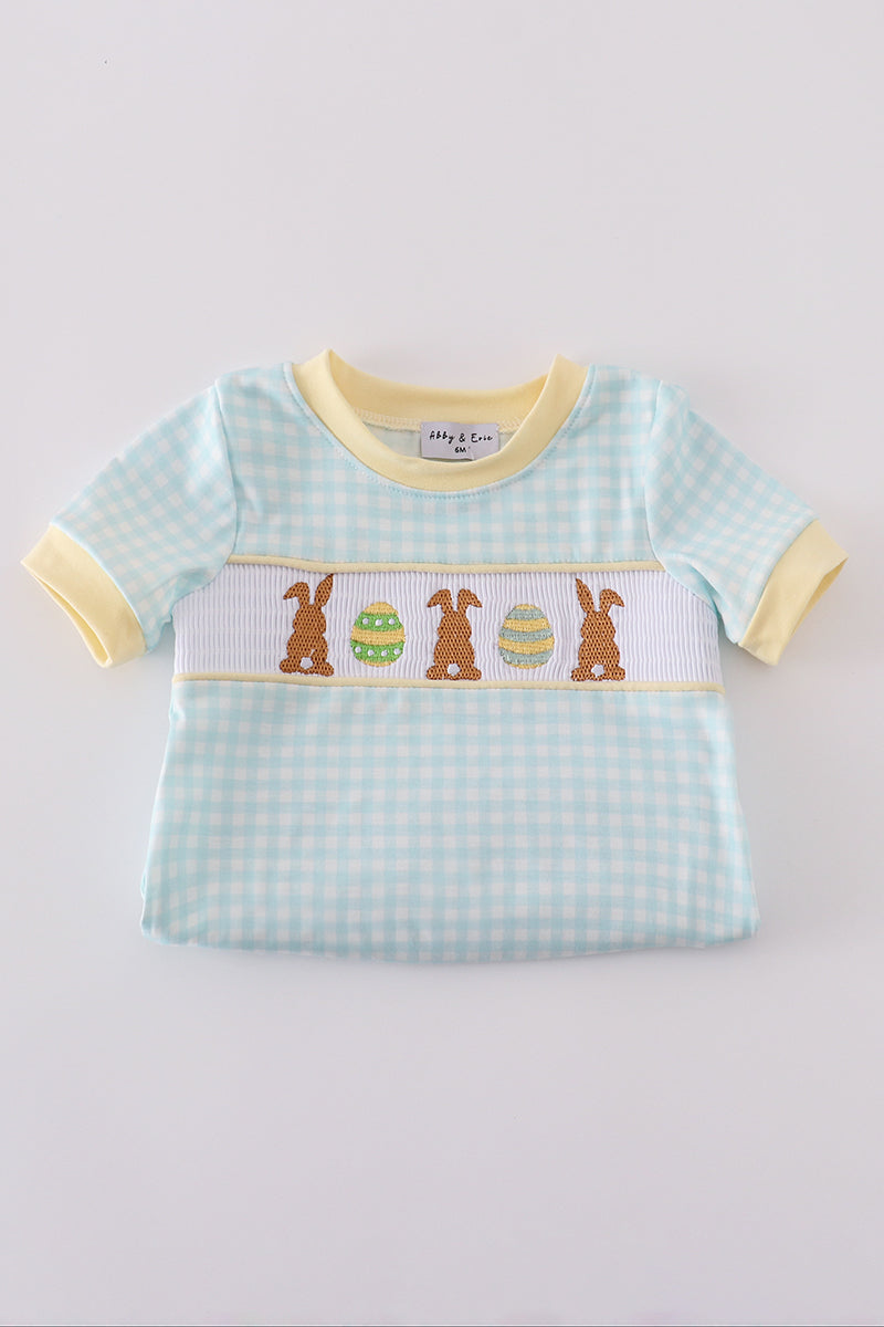 Blue bunny embroidery smocked bubble