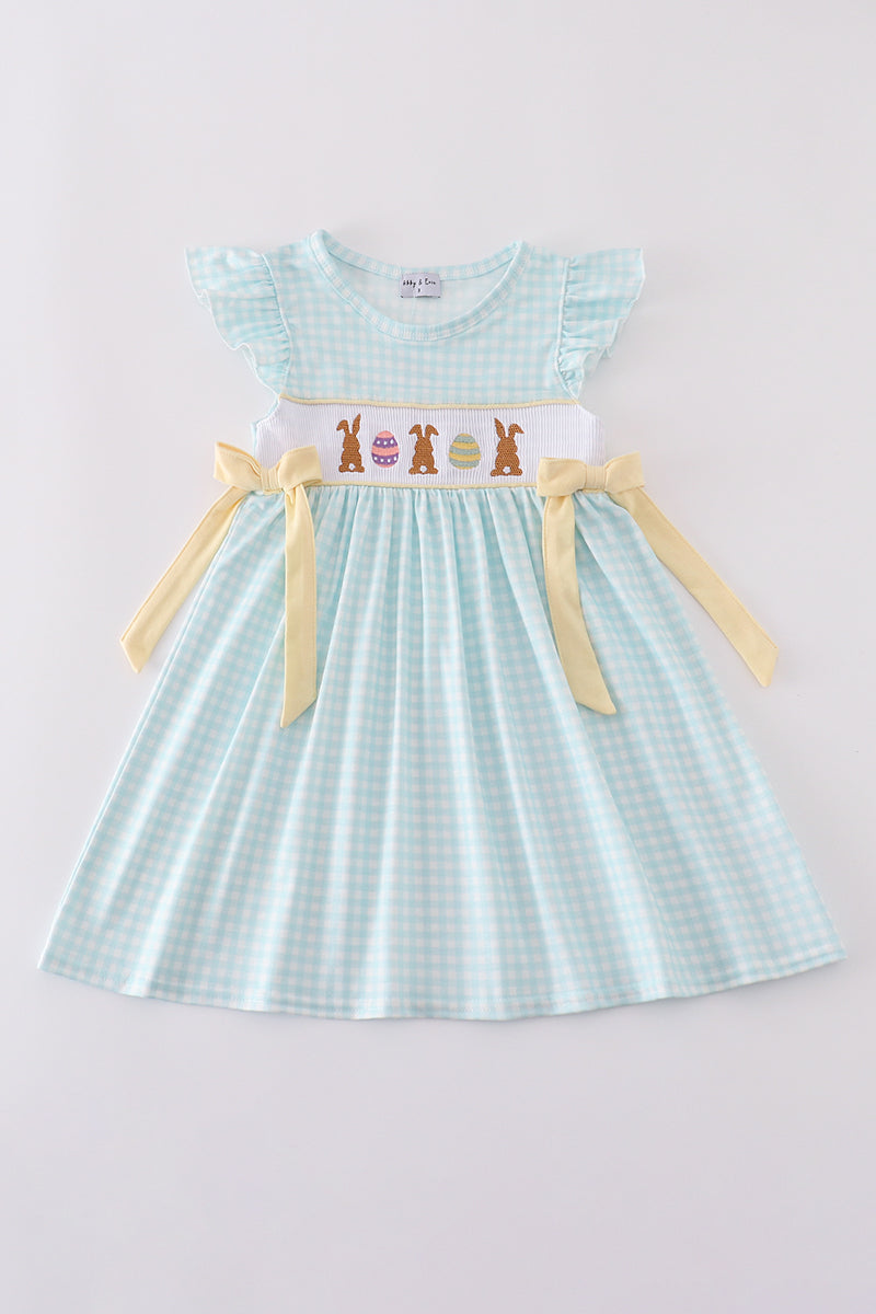 Blue bunny embroidery smocked dress