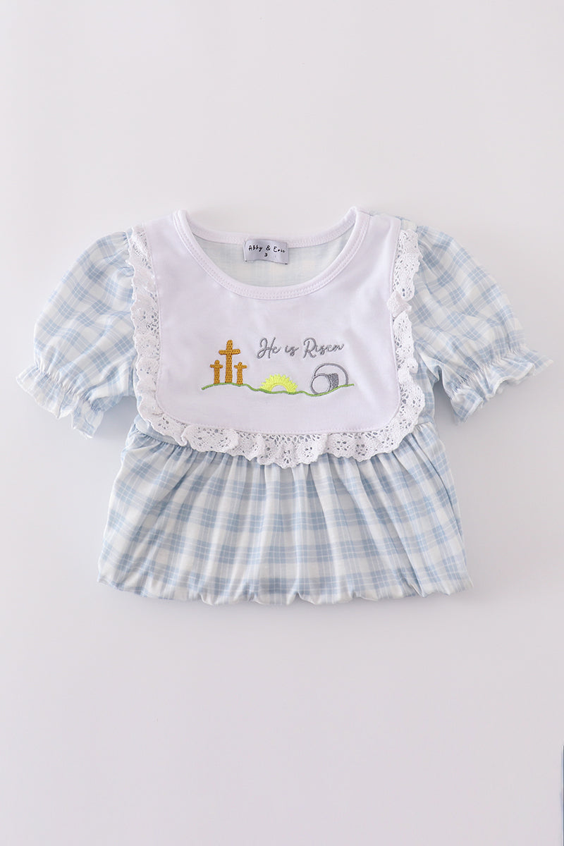 Blue plaid he is risen embroidery bloomer set