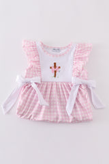 Pink cross embroidery bow dress