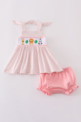 Pink stripe animal embroidery smocked bloomer set