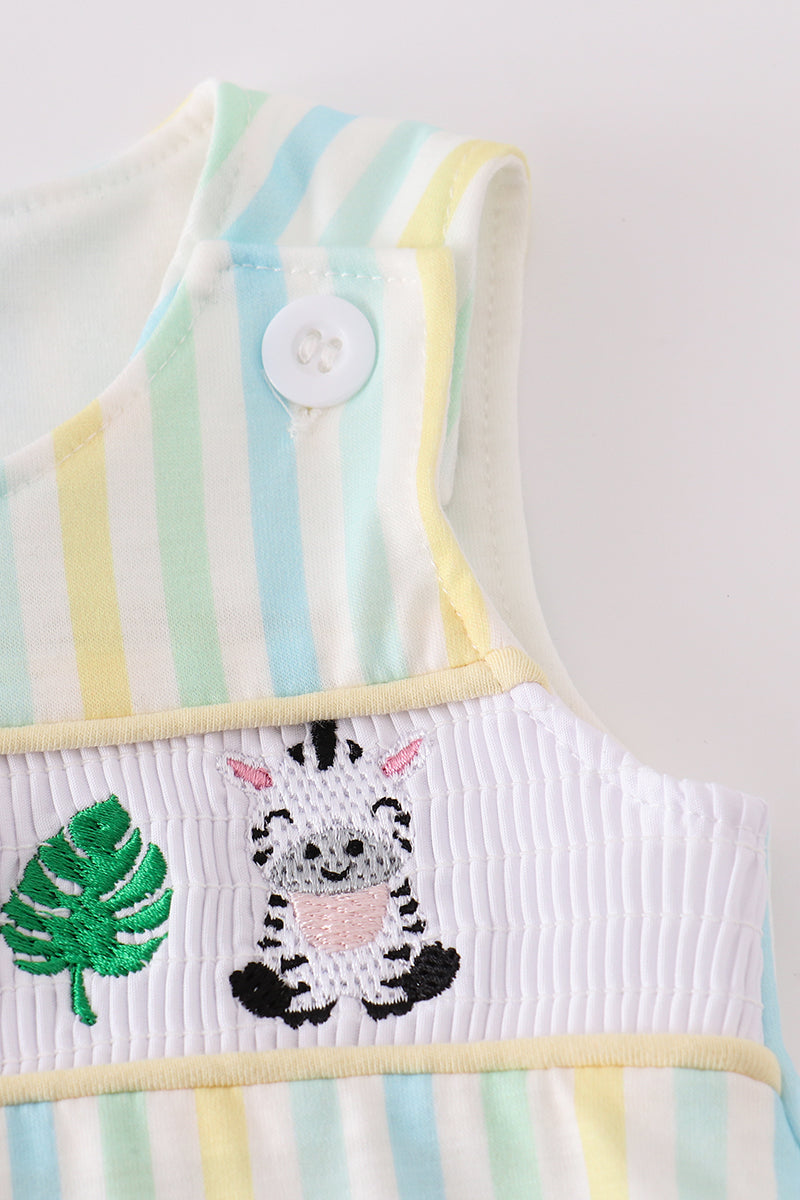 Yellow stripe animal embroidery smocked bubble