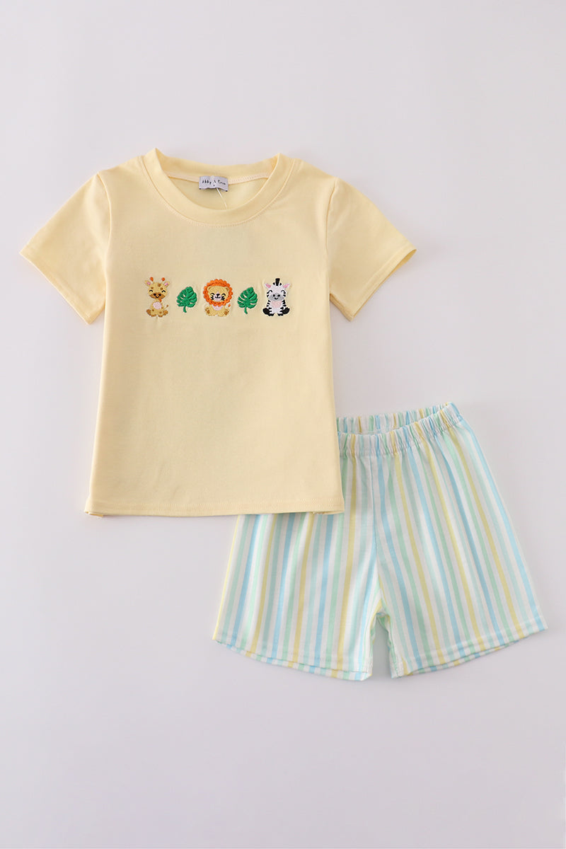 Yellow stripe animal embroidery smocked set