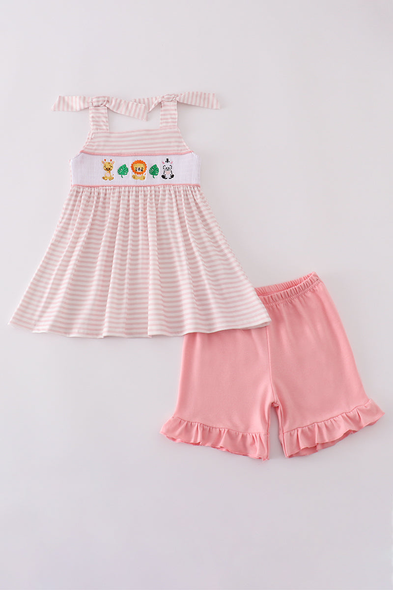 Pink stripe animal embroidery smocked set