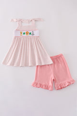 Pink stripe animal embroidery smocked set