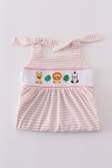 Pink stripe animal embroidery smocked set