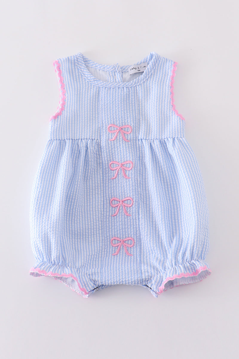 Blue striped seersucker bow embroidery girl bubble