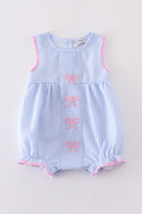 Blue striped seersucker bow embroidery girl bubble