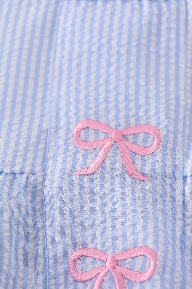 Blue striped seersucker bow embroidery girl bubble